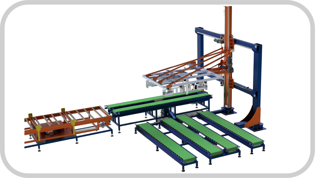 Palletizer stacking wrapped packages into a pallet-ready configuration